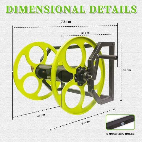 Heavy Duty Garden Hose Reel With Crank Handle Retractable 5/8 Inch Hose Reel showing dimensional details and mounting holes.