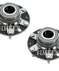 Pair Rear Timken Wheel Bearing And Hub Assemblies Kit For Kia And Hyundai FWD Vehicles OEM Quality Replacement Durable Design Easy Install 2 Piece Set, shown with a metallic finish and visible bolt holes.