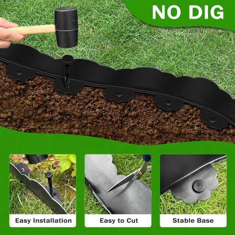 Durable 33 Ft No Dig Landscape Edging Border With 50 Spikes 4 Inch Tall Plastic Lawn Edging For Yard Pathways And Flower Beds Black Cloud Shaped Design Easy Install showing installation with hammer and spikes.