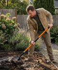 Man digging garden with Beastly Heavy Duty Steel Digging Shovel with Fiberglass Handle, 56 Inch Long, Large Blade