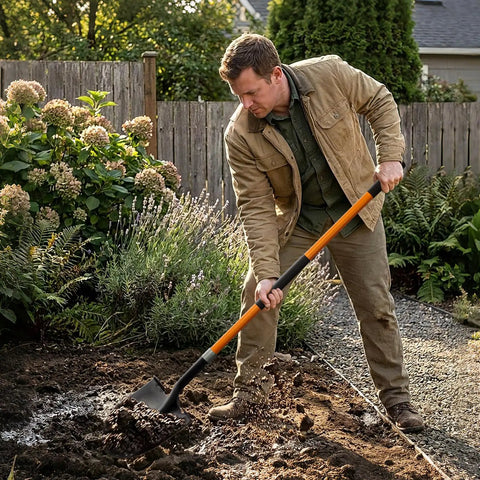 Man digging garden with Beastly Heavy Duty Steel Digging Shovel with Fiberglass Handle, 56 Inch Long, Large Blade