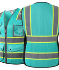 Front and back view of High Visibility Peacock Mesh Safety Vest With Nine Pockets And Front Zipper For Women Meets ANSI ISEA Standards Hi Vis Workwear For Job Sites And Daily Tasks XL.