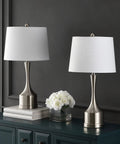 26 Inch Nickel Table Lamp Set Of 2 With USB Charging Ports, French Country Bedside Lighting, White Linen Shade, on console table