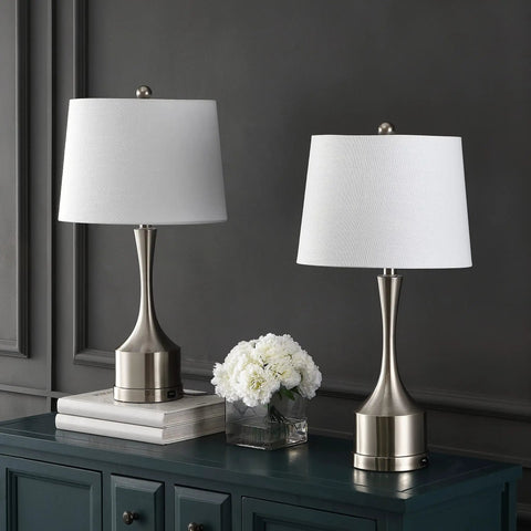 26 Inch Nickel Table Lamp Set Of 2 With USB Charging Ports, French Country Bedside Lighting, White Linen Shade, on console table