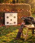 Backyard Crossbow Target With 650 FPS Stopping Power 250 FP Kinetic Energy Five Layer Aramid Core next to hay bales