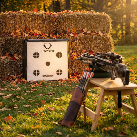 Backyard Crossbow Target With 650 FPS Stopping Power 250 FP Kinetic Energy Five Layer Aramid Core next to hay bales