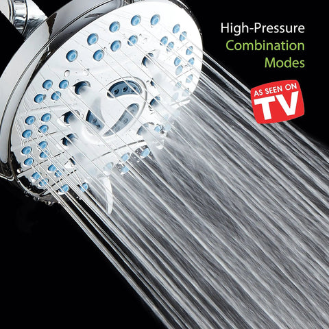 High Pressure 6 Setting Rain Shower Head 6 Inch Chrome Finish With Hygienic Anti Clog Nozzles spraying water, black background