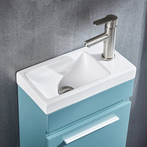 Compact 16 Inch Floating Bathroom Vanity With White Ceramic Vessel Sink Blue MDF Storage Cabinet Modern Minimalist Design Easy Clean Surface Humidity Resistant Wall Mounted Vanity And Sink Combo Space Saver No Fuss Setup