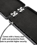 Open view of Small Pistol Safe Portable Handgun Case with 4 Digit Lock, showing steel cable and foam pads for added security.