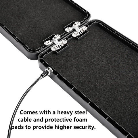 Open view of Small Pistol Safe Portable Handgun Case with 4 Digit Lock, showing steel cable and foam pads for added security.