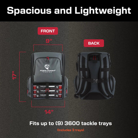 Front and back view of Largemouth 3.0 Tackle Backpack with Patent Pending Modular Dividers, showing dimensions and tray capacity.