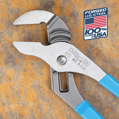 Tongue And Groove Pliers 415 With Smooth Jaw Non Marring Grip High Carbon Steel 10 Inch For Delicate Fixtures And Soft Surfaces, Secure Non Slip Hold In Tight Spaces on rusted metal surface with USA logo