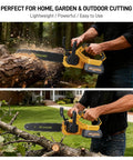 Powerful Cordless 40V 14 Inch Chainsaw with Two 4.0Ah Batteries in use cutting logs and branches in outdoor setting.