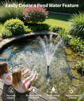 Cool RGB Pond Fountain With LED Lights 660GPH Submersible Pump creating water feature in garden pond with kids watching