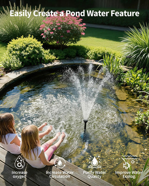 Cool RGB Pond Fountain With LED Lights 660GPH Submersible Pump creating water feature in garden pond with kids watching