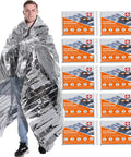 Man wrapped in shiny Emergency Mylar Thermal Blanket next to 10-pack of giant space blankets.