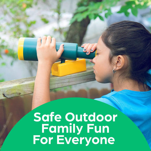Girl using Pirate Ship Telescope For Kids Outdoor Playset Accessory Plastic Attachment For Treehouse And Backyard Playground Swing Set Green