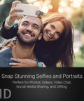 Couple using Universal Smartphone Lens Kit With Wide Angle And Fifteen Times Macro Lenses LED Light Clip And Travel Case For iPhone Android And More Dope Pro Quality Photos On The Go to take a selfie outdoors.
