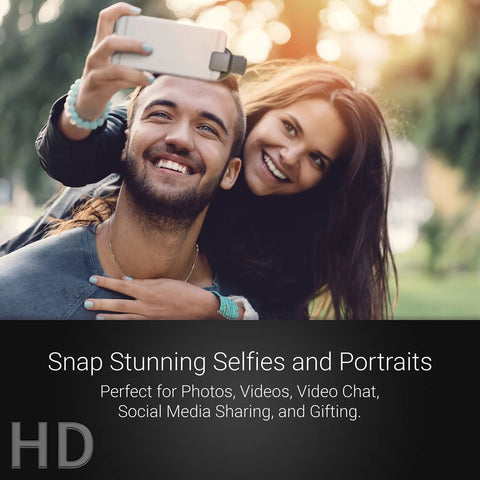 Couple using Universal Smartphone Lens Kit With Wide Angle And Fifteen Times Macro Lenses LED Light Clip And Travel Case For iPhone Android And More Dope Pro Quality Photos On The Go to take a selfie outdoors.