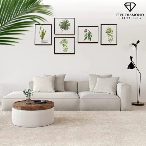 Living room with white sofa, art on wall, and seamless carpet floor; Peel And Stick Carpet Tiles With Built In Memory Foam Cushion For Ultra Comfort Easy DIY Install Soft Residential Carpet With Seamless Look Denali 10 Tiles 22.5 Square Feet