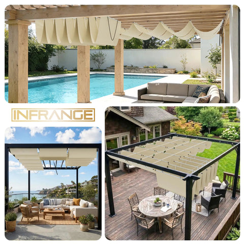 Outdoor spaces with 7' x 12' Retractable Wave Sun Shade Sail For Patio Porch Garden Backyard Beige Durable Breathable Polyethylene Fabric