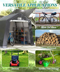8 By 8 Outdoor Storage Shelter Shed Heavy Duty Tent with Roll Up Ventilated Windows showing various storage uses for bikes and tools