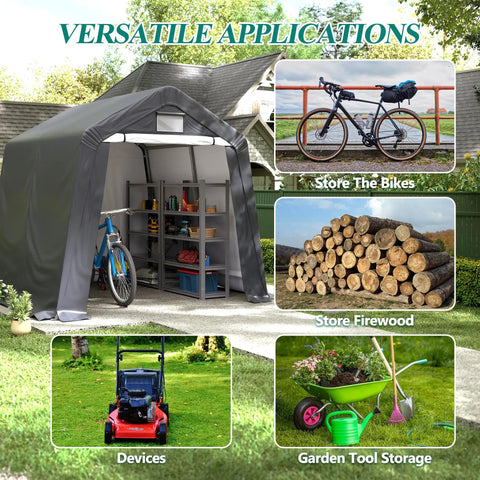 8 By 8 Outdoor Storage Shelter Shed Heavy Duty Tent with Roll Up Ventilated Windows showing various storage uses for bikes and tools