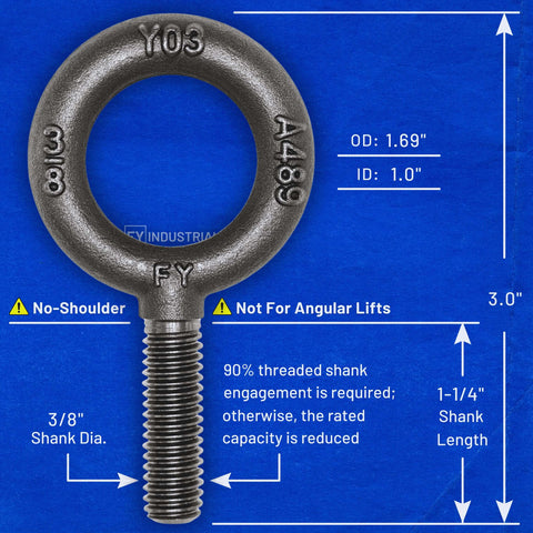 10 Pack Industrial Grade No-Shoulder Lifting Eye Bolts 3/8-16 By 1-1/4 Inch, Vertical Pull Only, Forged Quenched And Tempered, Carbon Steel 1035
