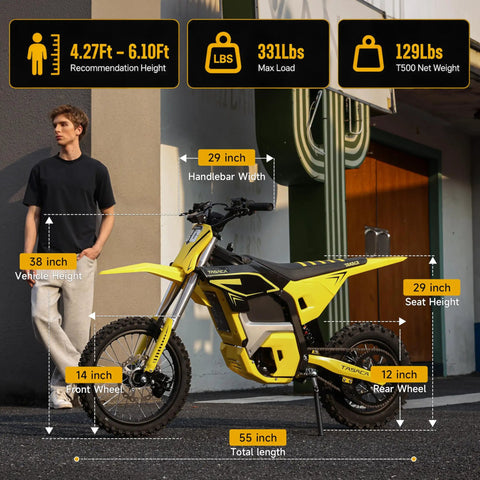 Heavy Duty Electric Dirt Bike Two Pack crafted for teens and adults, showcasing specifications and rider height recommendations.
