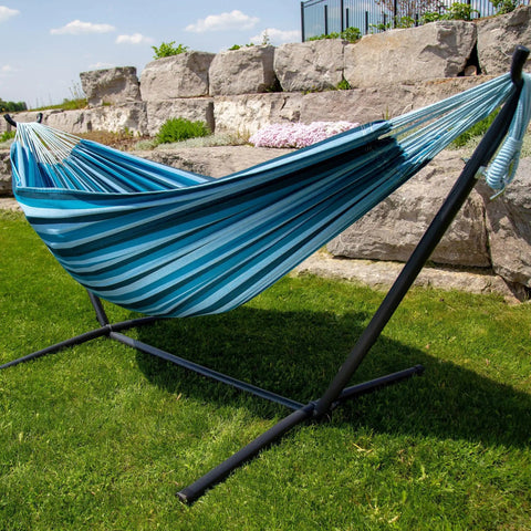 Cozy Double Cotton Hammock With Space Saving Steel Stand For Two People, 450 Lb Capacity, Upgraded Polyester End Strings