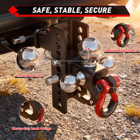 Adjustable Heavy Duty Tri Ball Trailer Hitch For 2 Inch Receiver With 4.5 Inch Rise And Drop Includes One And Seven Eighths Inch, Two Inch, And Two Five Sixteenths Inch Trailer Balls Tow Hook And Shackle 10000 Lb GTW 1000 Lb TW Pin Lock And Hitch; close-up of chrome balls and red shackle