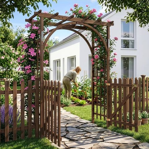 7.1Ft Wooden Garden Arbor With Gate And Picket Fences Lattice Sides Weather Resistant Arch Trellis For Climbing Plants Outdoor Yard