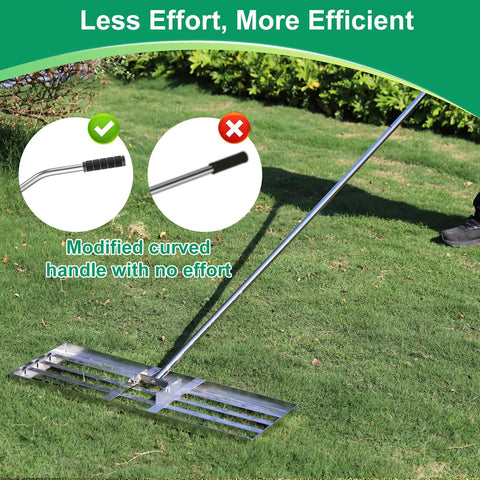 Heavy Duty Lawn Leveler Rake With 304 Stainless Steel Head, 30 Inch Wide on grass, ergonomic handle, and efficient design.