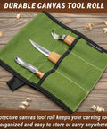 Sweet Complete Wood Spoon Carving Kit Featuring Razor Sharp Hook Knife Premium Sloyd Blade And Wide Bowl Gouge in a green canvas roll.