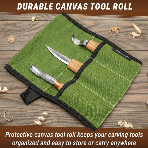 Sweet Complete Wood Spoon Carving Kit Featuring Razor Sharp Hook Knife Premium Sloyd Blade And Wide Bowl Gouge in a green canvas roll.
