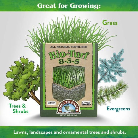 Bio Turf All Natural Lawn Fertilizer For Grass And Ornamentals, 8-3-5 NPK Granular Formula, OMRI Listed Organic Lawn Food, 4 Lb Box