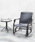Three Piece Outdoor Glider Bistro Set With Glass Tabletop And Two Patio Rocking Chairs In Breathable Sling Fabric For A Chill Porch Or Backyard And Garden Gray, showing chair and table dimensions.