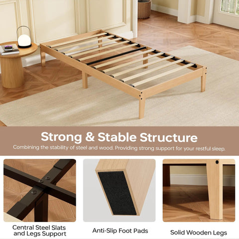 Built Different Twin Xl Wood Bed Frame With Solid Rubberwood Platform Base highlighting slats and legs for strong support.