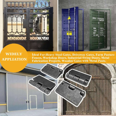 Heavy-duty weld-on gate hinges, 4-pack, steel, 3/16 in thick, black finish; 4-1/2 x 4-1/4 in for gates/doors