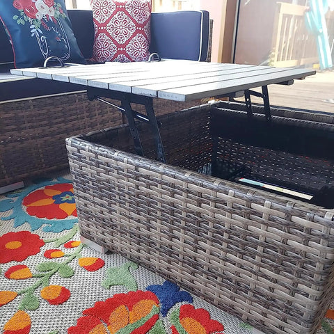 4 Pack Lift Up Top Hinges With 150N Gas Spring Coffee Table Lift Mechanism holding open a storage compartment beneath a wooden tabletop.