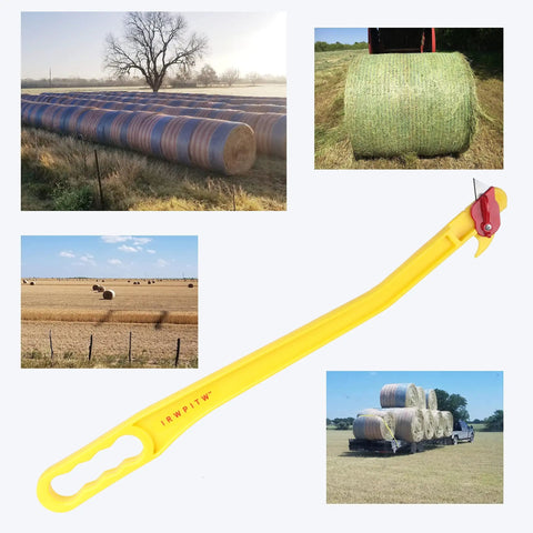 Hay Knife Tool For Round Bales And Net Wrap Cutter 29 Inch Long Bale Opener set against images of hay bales in fields.