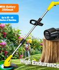 Cordless Electric Weed Wacker With 12V Battery, 65 Inch Adjustable Pole, Lightweight Trimmer Edger, shown in garden setting