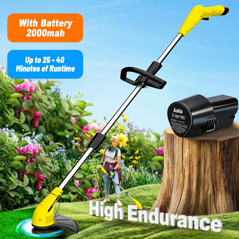 Cordless Electric Weed Wacker With 12V Battery, 65 Inch Adjustable Pole, Lightweight Trimmer Edger, shown in garden setting