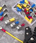 All In One Quick Disconnect Piggyback Spade Connector Kit For 22 10 AWG Wires, 30 Semi Insulated Terminals in 3 colors with crimper