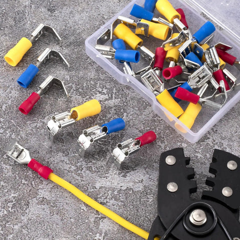 All In One Quick Disconnect Piggyback Spade Connector Kit For 22 10 AWG Wires, 30 Semi Insulated Terminals in 3 colors with crimper