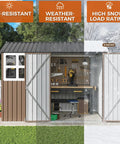 8x6Ft Outdoor Storage Shed With Clear Windows, Lockable Doors, Breathable Vent, And Metal Garden Tool Shed For Poolside, Patio, Backyard, Weatherproof, Brown in snow and sunny conditions