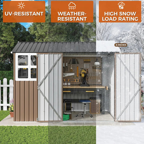 8x6Ft Outdoor Storage Shed With Clear Windows, Lockable Doors, Breathable Vent, And Metal Garden Tool Shed For Poolside, Patio, Backyard, Weatherproof, Brown in snow and sunny conditions