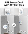 Heavy Duty 10in1 Usb Charging Station With PD 20W Fast Charging Built Damn Tough As A Solid Surge Protector With Six Usb Ports Four AC Outlets And Long Cord For Home Office Grind Zero Hassle Setup showing 5FT power cord with 45° flat plug in two setups.