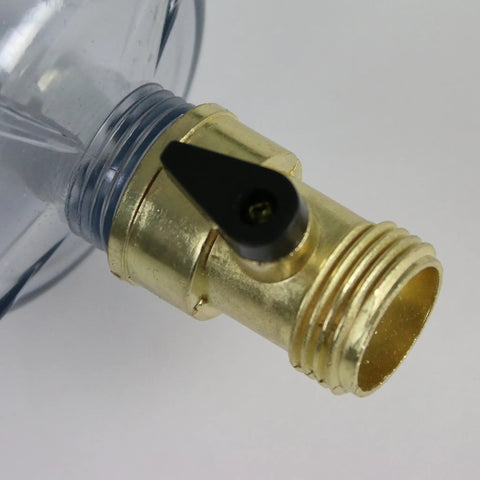 HydroFeed 32-Ounce In-Line Auto-Mix Fertilizer Injector System valve connection showing brass fitting and clear tank interface.