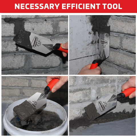 Margin Trowel 5 Inch By 2 Inch Ground Blade One Piece Forged Heavy Duty High Carbon Steel With Soft Grip Handle in use on mortar.